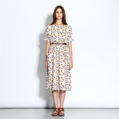 Graphic print mid-length dress with genuine leather belt