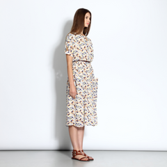 Graphic print mid-length dress with genuine leather belt