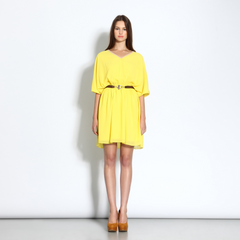 Half-sleeve dress with gathered waist and faux leather belt
