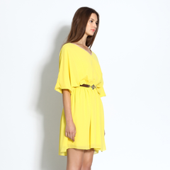 Half-sleeve dress with gathered waist and faux leather belt
