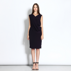 Knee-length dress with draped front in midnight blue