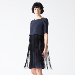 Half-Sleeve Dress with Fringe Overlay Skirt