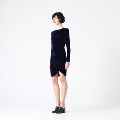 Long-Sleeve Velvet Dress with Back Slits in Midnight Blue