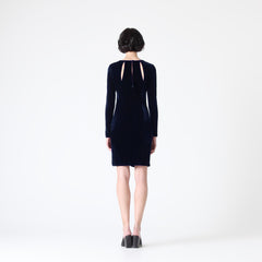 Long-Sleeve Velvet Dress with Back Slits in Midnight Blue