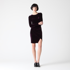 Long-Sleeve Velvet Dress with Back Slits in Dark Berry