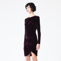 Long-Sleeve Velvet Dress with Back Slits in Dark Berry