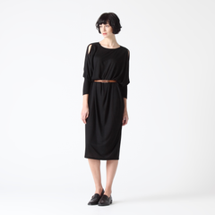 Relaxed Fit Black Jersey Dress with Shoulder Slits (with Faux Leather Belt)