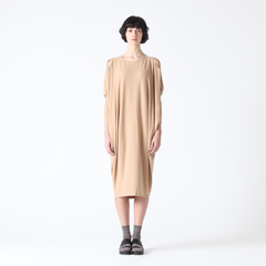 Relaxed Fit Camel Jersey Dress with Shoulder Slits (with Faux Leather Belt)
