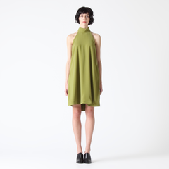 Stand Up Collar Dress with Overlapping Back Fold in Olive