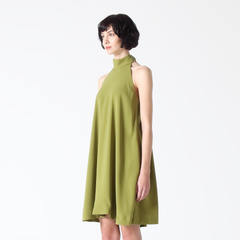 Stand Up Collar Dress with Overlapping Back Fold in Olive