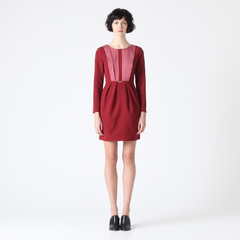 Long Sleeve Dress with Contrast Front Pleats and Gold-Tone Metal Plate Detailing