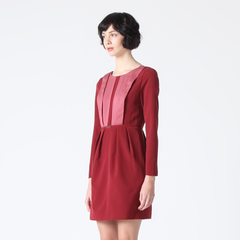 Long Sleeve Dress with Contrast Front Pleats and Gold-Tone Metal Plate Detailing