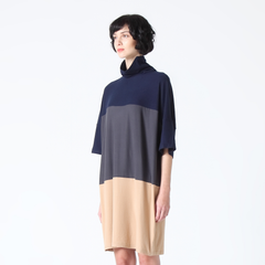 Three Tone Jersey Dress with Soft Turtleneck Collar