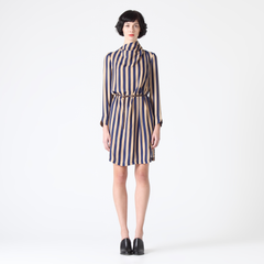 Striped Dress with Pleated Neck and Side Splits (with Genuine Leather Belt)