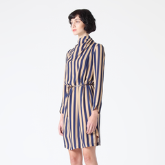 Striped Dress with Pleated Neck and Side Splits (with Genuine Leather Belt)