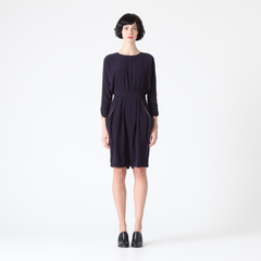 Three-Quarter Sleeve Dress with Draped Side Pockets and Cut-Out Back
