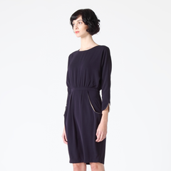 Three-Quarter Sleeve Dress with Draped Side Pockets and Cut-Out Back