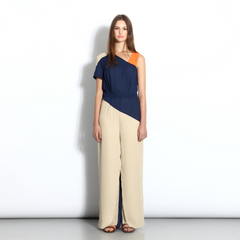Three-tone jumpsuit with asymmetric shoulders and wide leg
