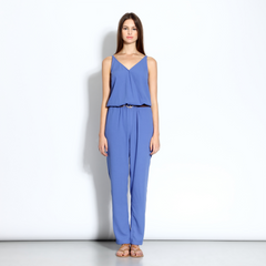 v-necked jumpsuit with faux leather belt in summer blue