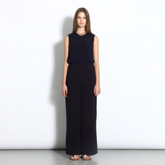 Sleeveless jumpsuit with sheer overlay in midnight blue