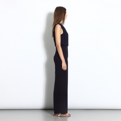 Sleeveless jumpsuit with sheer overlay in midnight blue