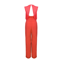 Sleeveless jumpsuit with sheer overlay in hot coral