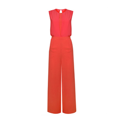 Sleeveless jumpsuit with sheer overlay in hot coral