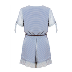 Button-down playsuit with bottom frills in blue striped fabric