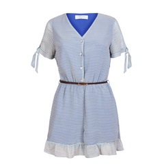 Button-down playsuit with bottom frills in blue striped fabric