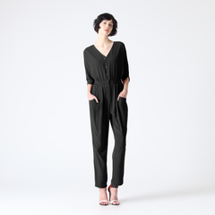 Half-Sleeve Black Cocktail Jumpsuit with Cut-Out Back