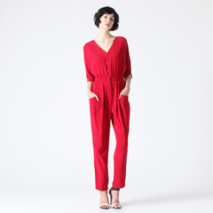Half-Sleeve Red Cocktail Jumpsuit with Cut-Out Back