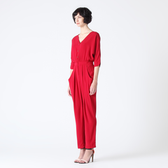 Half-Sleeve Red Cocktail Jumpsuit with Cut-Out Back