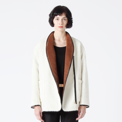 Faux Shearling Coat with Contrast Collar and Binding