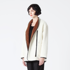 Faux Shearling Coat with Contrast Collar and Binding