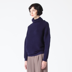 Navy Ribbed Asymmetric Turtleneck Jumper