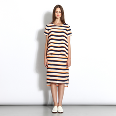 Wide-fit striped top with short sleeves in cream, orange & navy