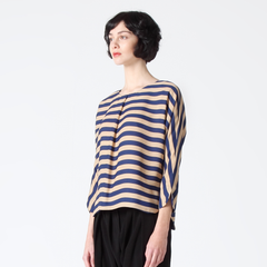 Three-Quarter Sleeve Top in Striped Print with Rounded Cuffs and Cut-Out Back