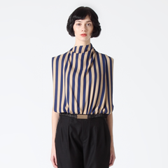 Pleated Neck Sleeveless Top in Striped Print