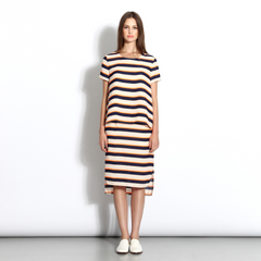 High-waisted striped mid-length skirt in cream, orange & navy