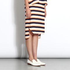 High-waisted striped mid-length skirt in cream, orange & navy
