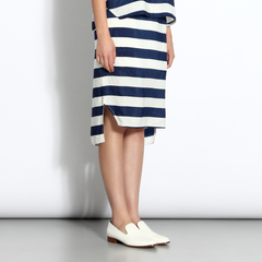High-waisted striped mid-length skirt in navy & white