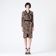 Leopard Print Wrap Dress with Faux Leather Lapel and Metal Buckle Belt