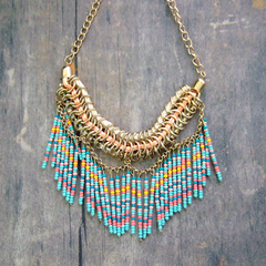 Suede woven necklace with colourful waterfall beads