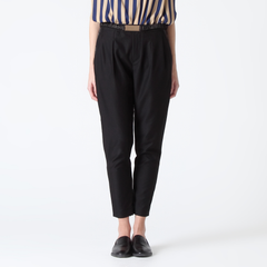 Peg Leg Trousers with Ruched Satin and Gold-Tone Metal Plate Detailing
