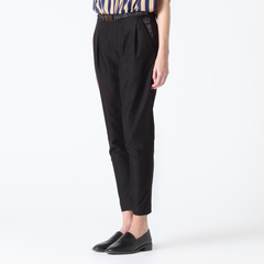Peg Leg Trousers with Ruched Satin and Gold-Tone Metal Plate Detailing